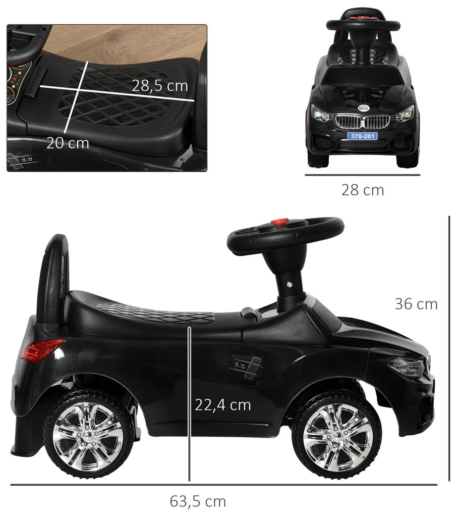 Carro Andador para Crianças com Faróis Música Buzina Volante Compartimento de Armazenamento 63,5x28x36 cm Preto