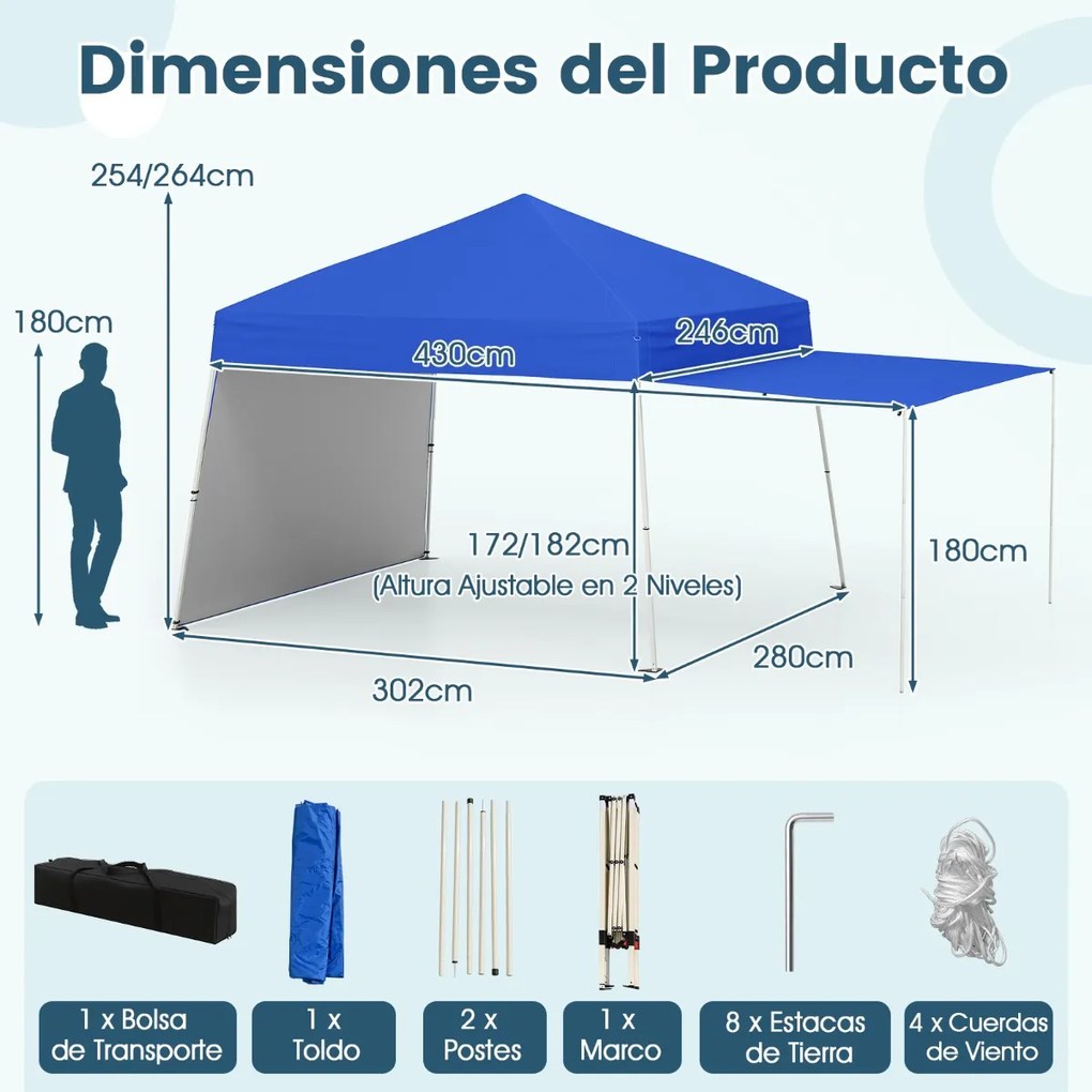 Tenda Pop up, jardim, feiras, eventos 430 x 280 cm (COM TOLDO) com 2 paredes laterais conversíveis, 2 alturas ajustáveis, bolsa de transporte, Azul