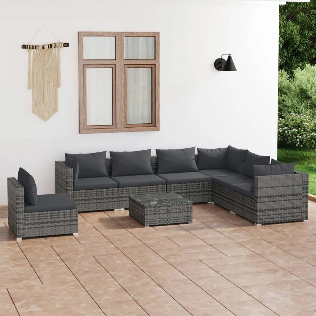 vidaXL 8 pcs conjunto lounge de jardim c/ almofadões vime PE cinzento