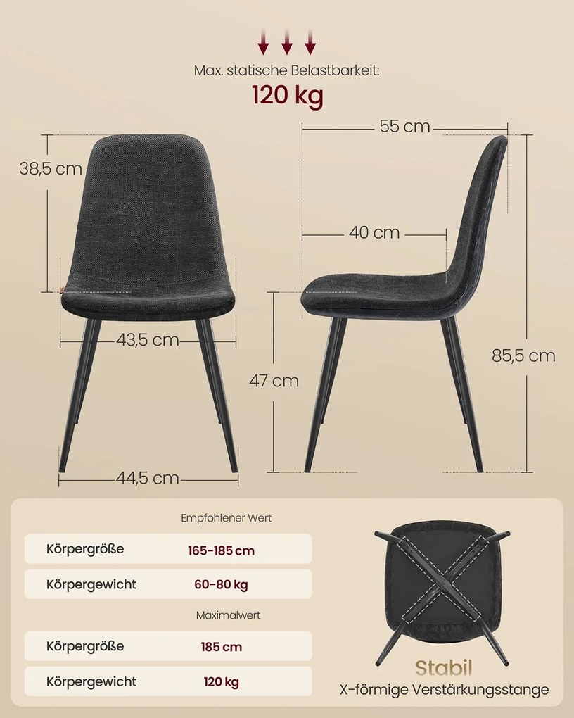 Conjunto de 2 cadeiras de sala de jantar (MESA NÃO INCLUIDA) em tecido chenille 55 x 43,5 x 85,5 cm Cinzento