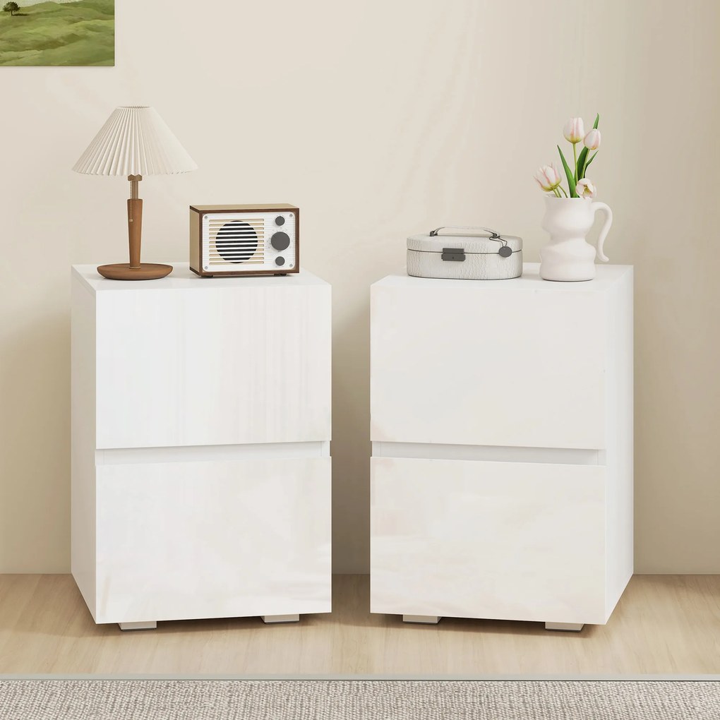 Conjunto de 2 Mesas de Cabeceira para Quarto com 2 Gavetas, Capacidade 30 kg, 40x40x58 cm, Branco