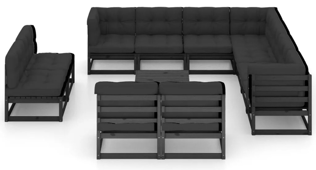 12 pcs conjunto longue jardim c/ almofadões pinho maciço preto