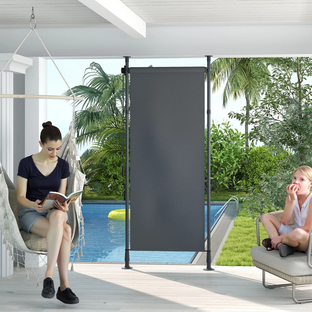Toldo manual retrátil com suporte 120 L x 220-310 A cm, comprimento ajustável, manivela, instalação sem perfuração, metal de alumínio, poliéster cinze