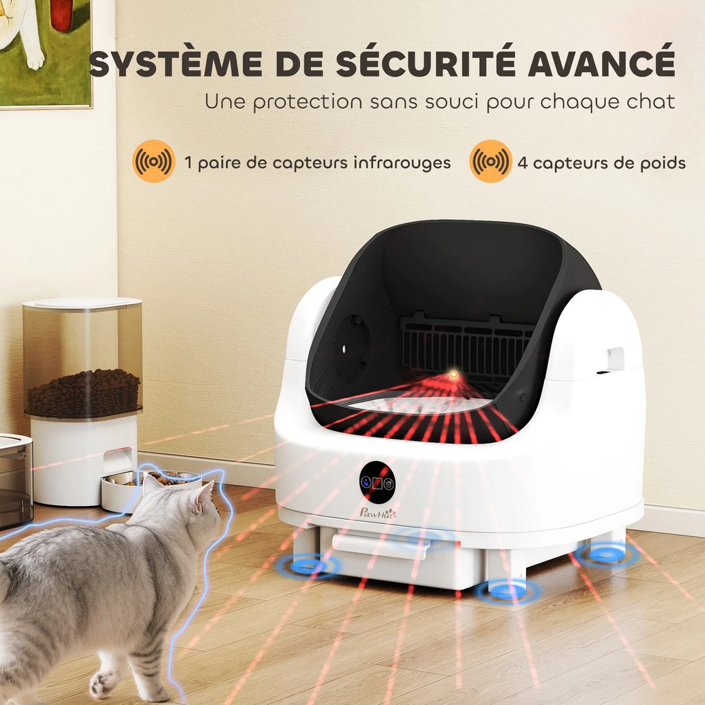 Caixa de areia autolimpante para gatos, automática, aberta, com isolamento de odores/proteção de segurança, branca