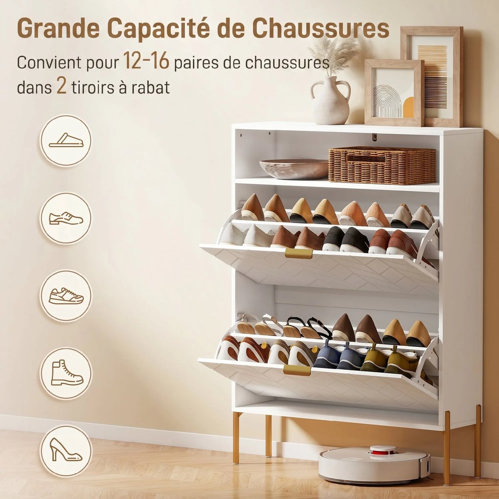 Sapateira com capacidade para 16 pares 80 (L) x 23,7 (P) x 110 (A) cm, armário estreito com 2 gavetas rebatíveis e um compartimento aberto, branco