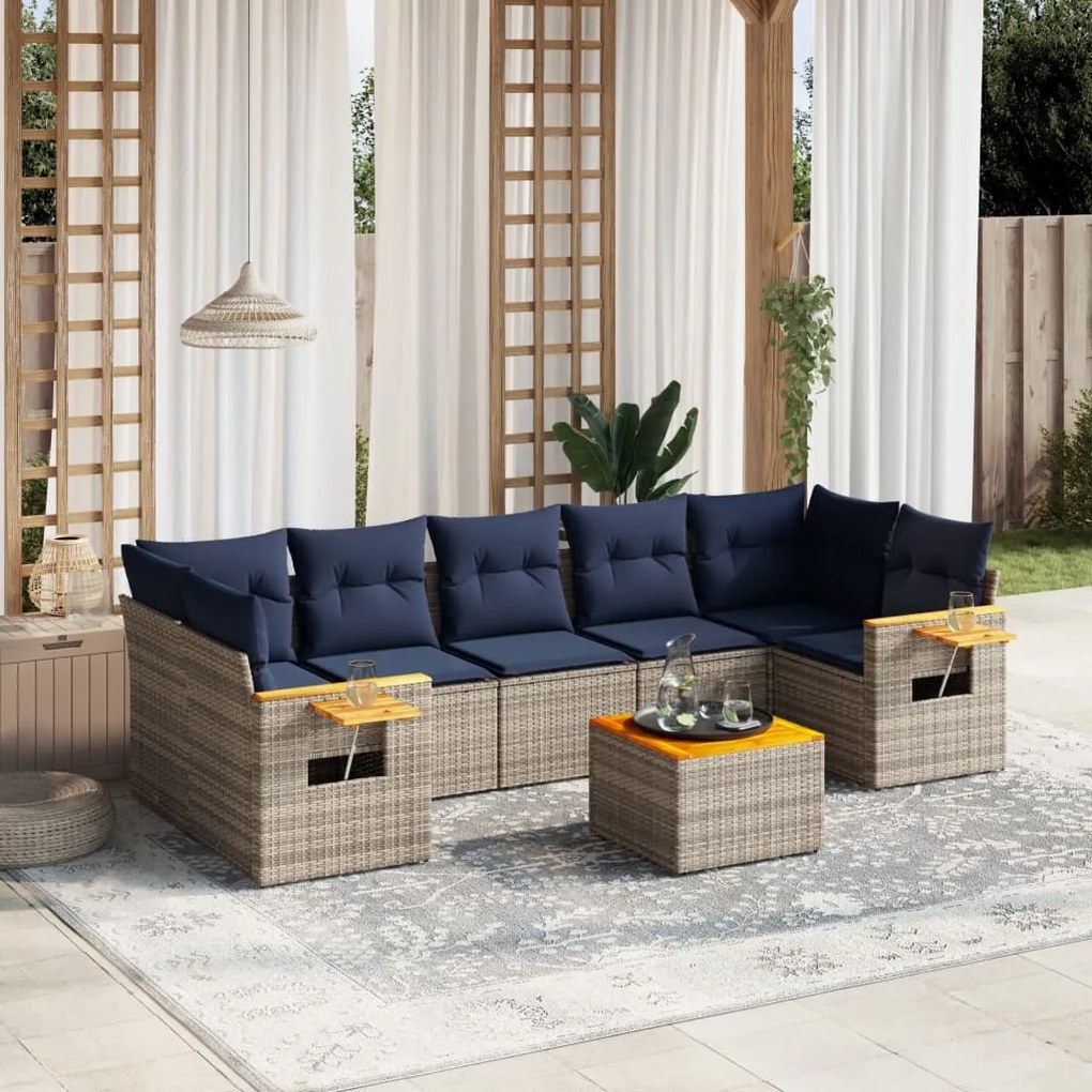 8 pcs conjunto sofás p/ jardim c/ almofadões vime PE cinzento