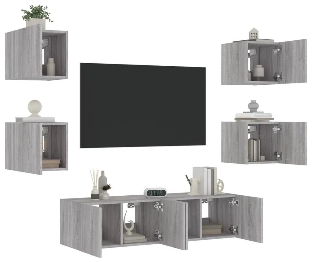vidaXL 6 pcs móveis parede p/ TV c/ LEDs deriv. madeira cinza sonoma