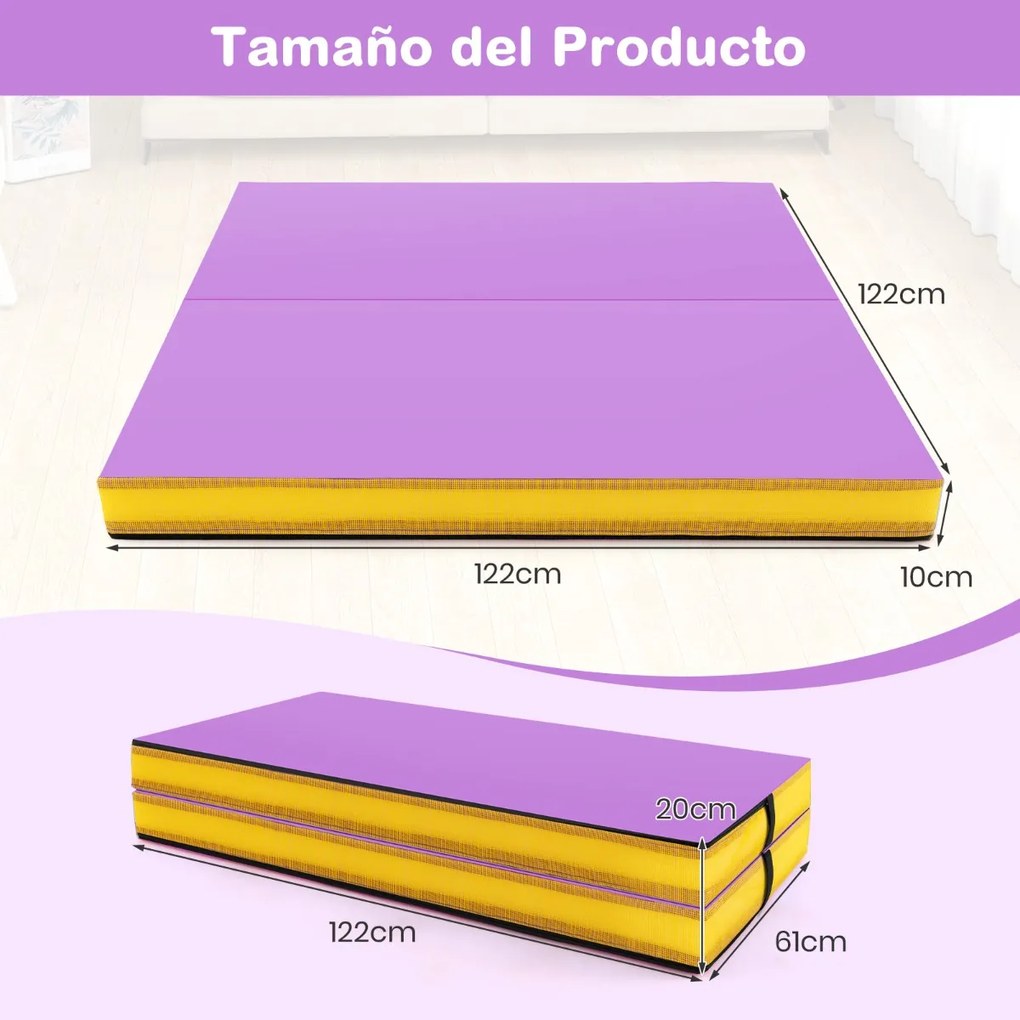 Colchão de ginástica dobrável 122 cm x 122 cm x 10 cm com capa de couro artificial e alças de transporte roxo