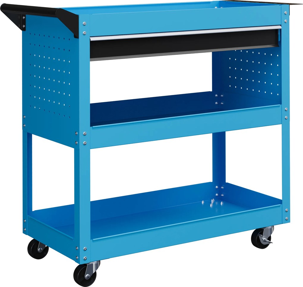 Carrinho de Ferramentas com 3 Bandejas e Gaveta Rodas com Travões Pega Lateral Painel Lateral Perfurado 82x35x76 cm Azul
