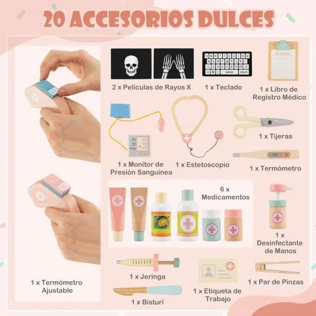 Conjunto de brincar aos médicos para crianças 115,5 x 30,5 x 72,5 cm com acessórios oftalmológicos e lâminas intercambiáveis para idades a partir dos