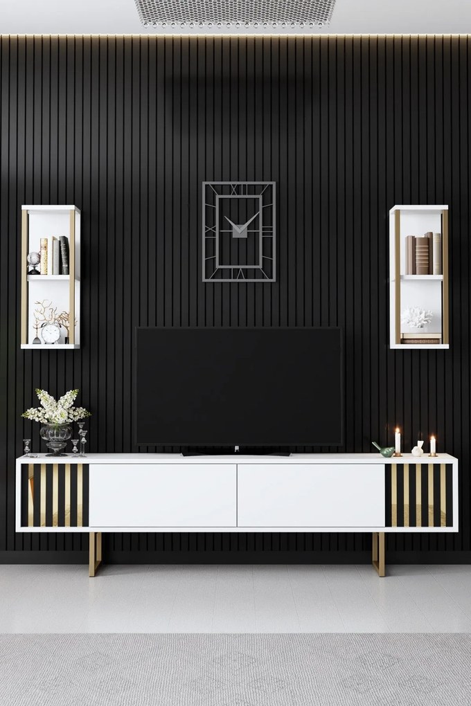 Móvel de TV "Gold" com 2 Prateleiras de Parede – Branco e Dourado - 18