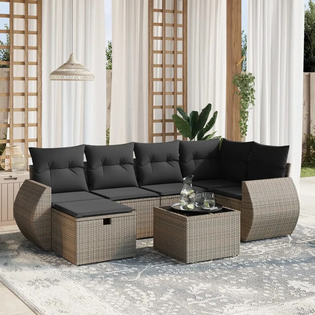 7 pcs conjunto sofás p/ jardim c/ almofadões vime PE cinzento