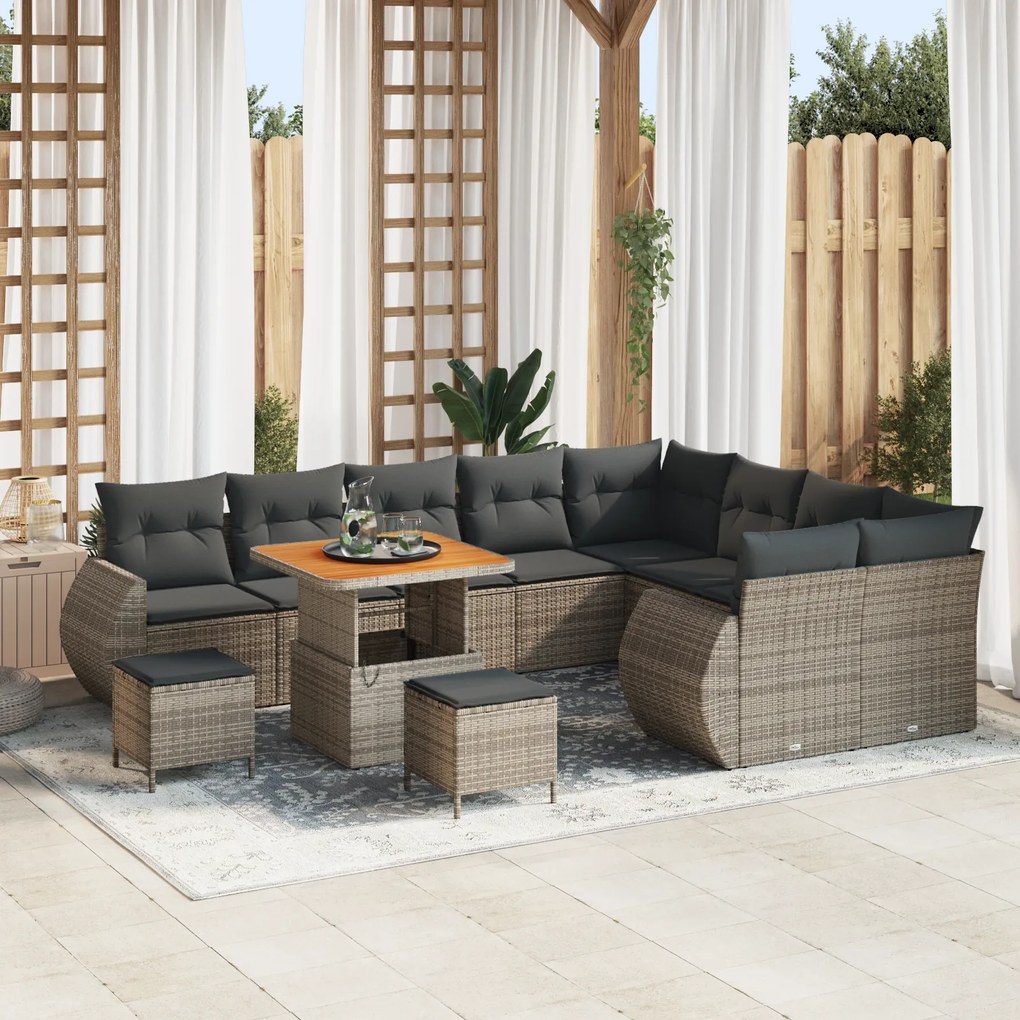 Conjunto de Sofá de Jardim de 12 Peças com Almofadas Cinza em Rattan P