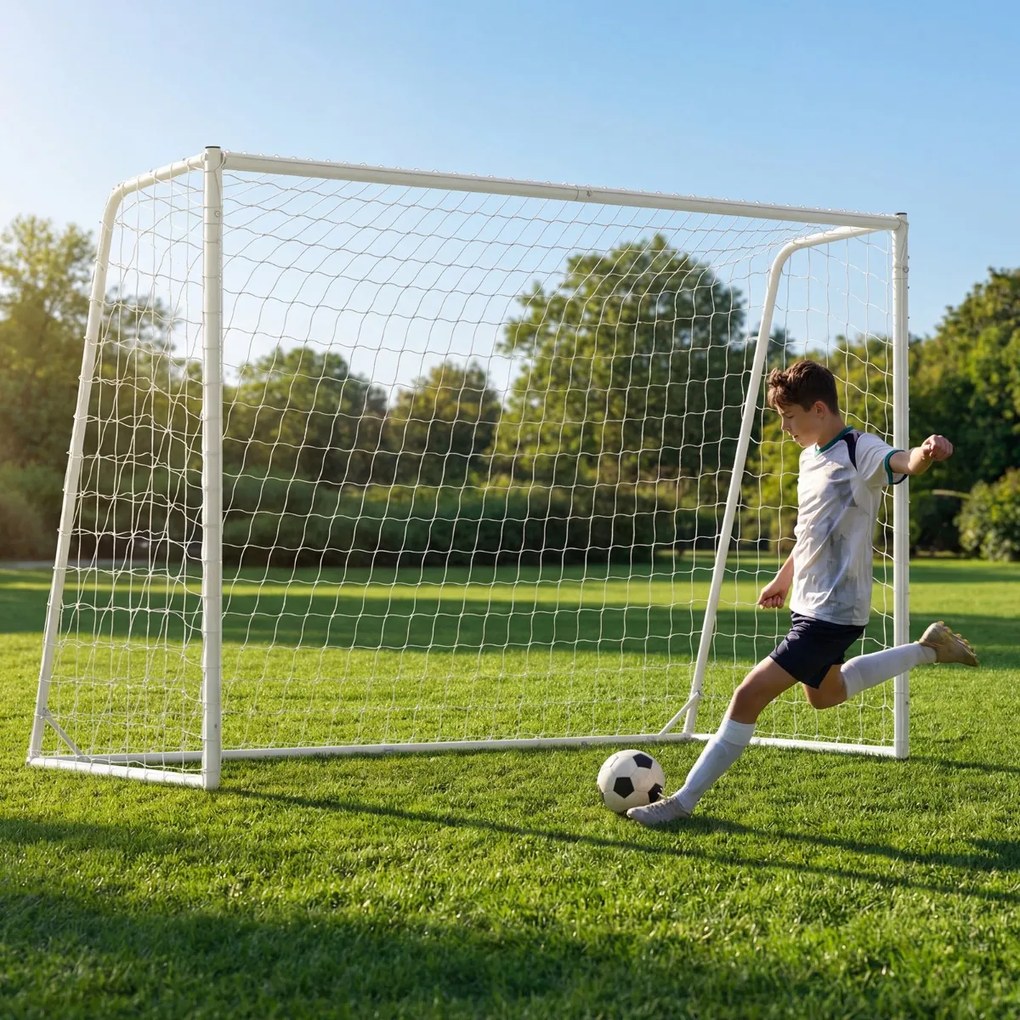 Baliza de futebol 300 x 204 cm para exterior com rede de PE, Estrutura metálica, 8 estacas e 16 abraçadeiras para treino futebol Branca