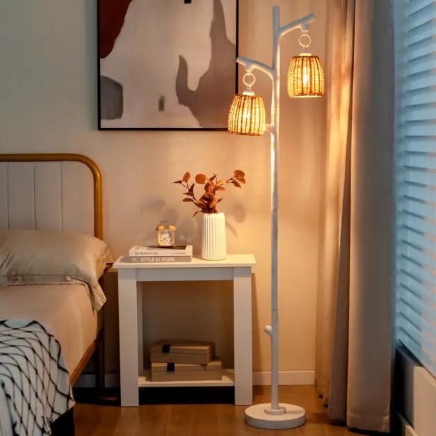 Candeeiro de pé estilo quinta de 151 cm com 2 holofotes de árvore com abajur e interruptor de pé para estudo, quarto, sala de estar, branco