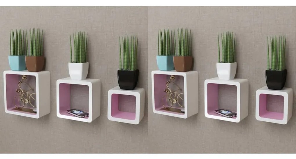 vidaXL Prateleiras de parede cubo 6 pcs branco e rosa
