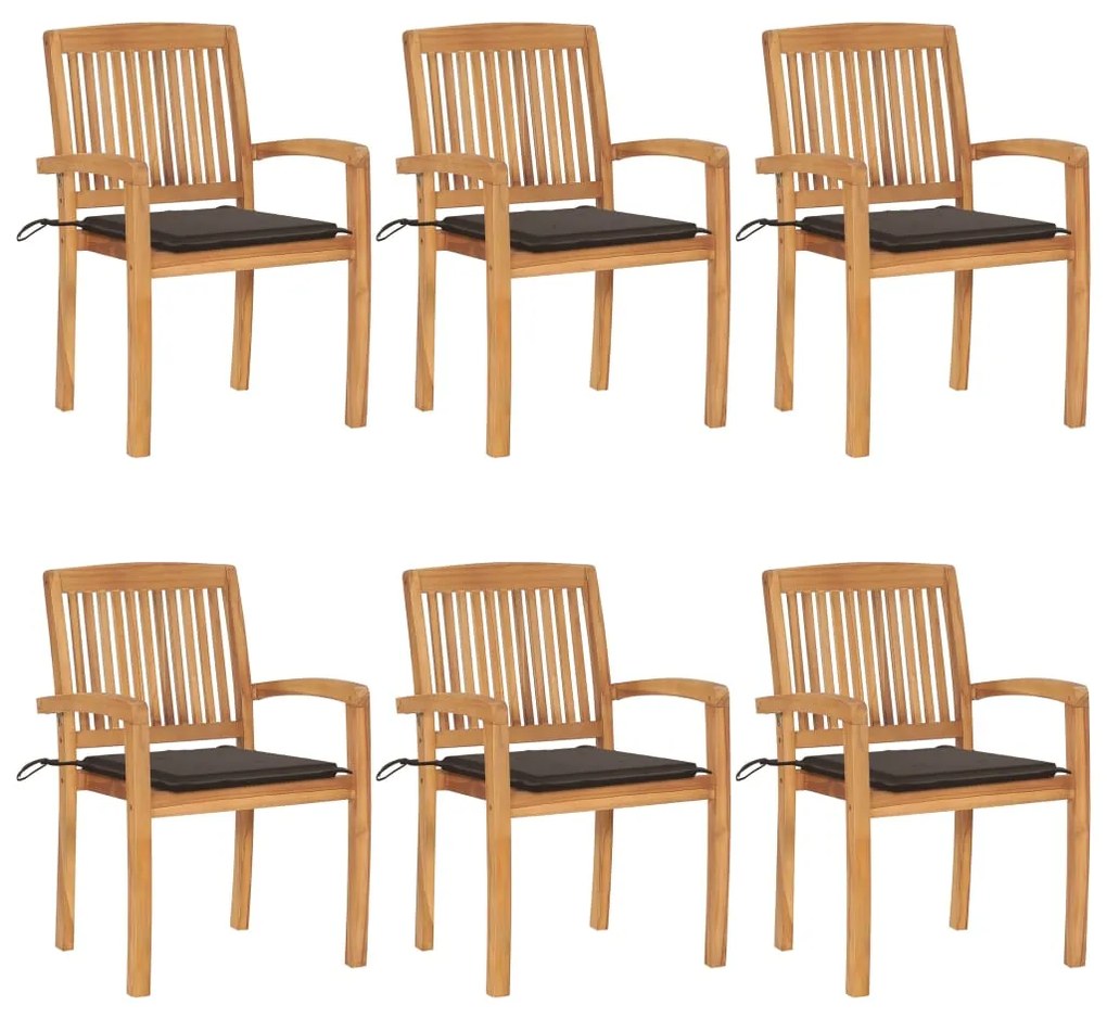 vidaXL Cadeiras de jardim empiháveis c/ almofadões 6 pcs teca maciça