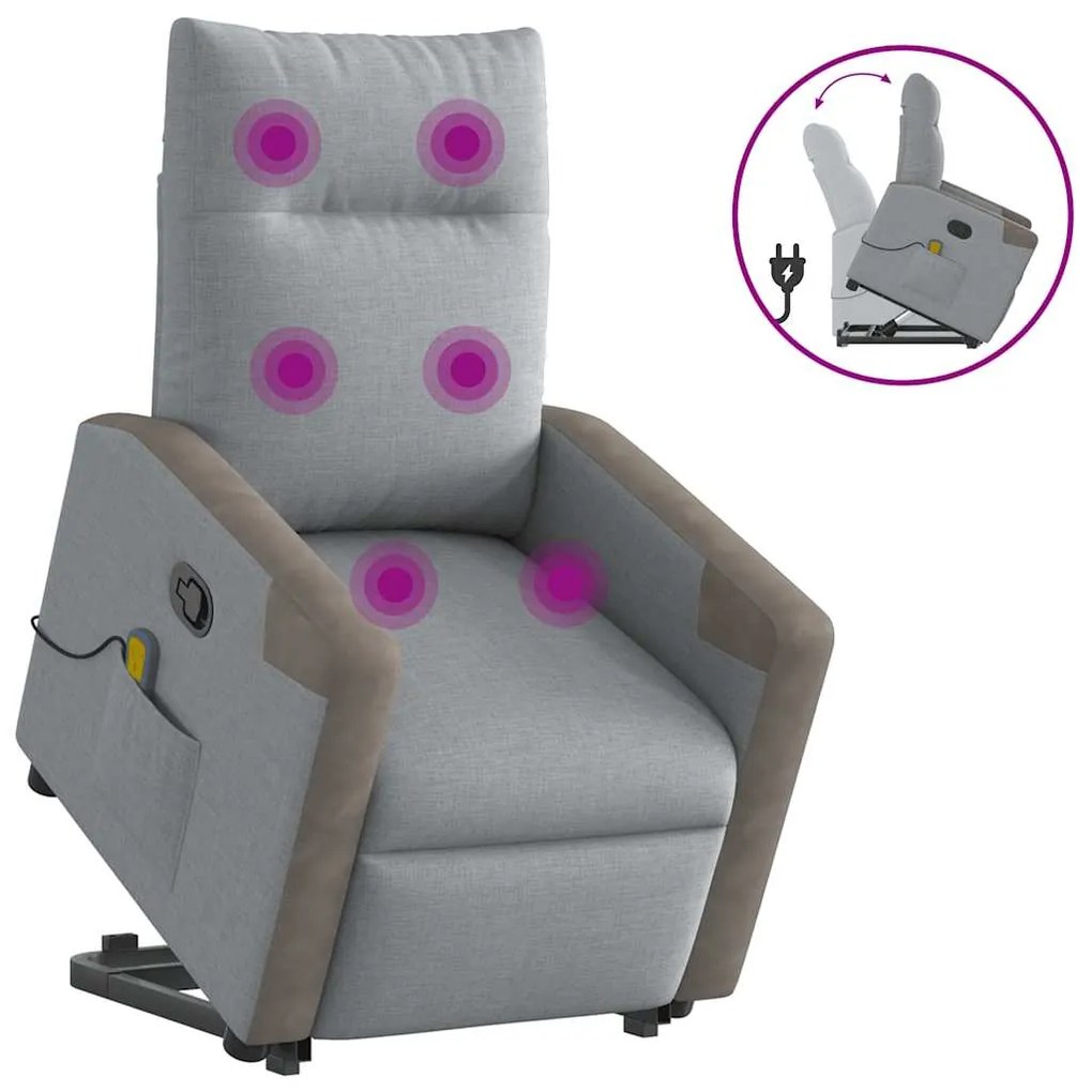vidaXL Poltrona reclinável massagens tecido cinzento-claro