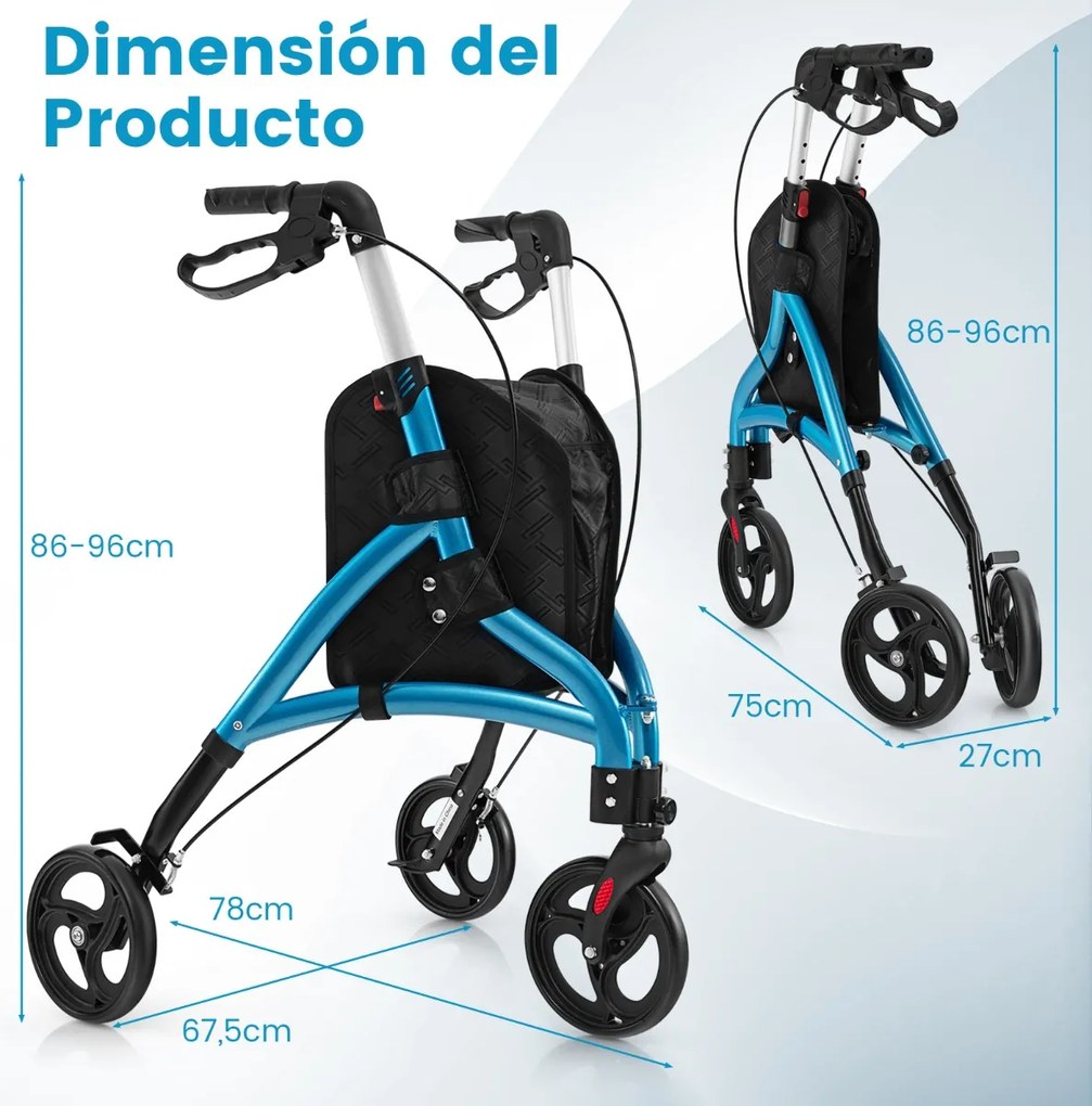 Andador para idosos com estrutura em alumínio leve, rodas grandes de 20 cm, altura ajustável e bolsa de armazenamento Azul