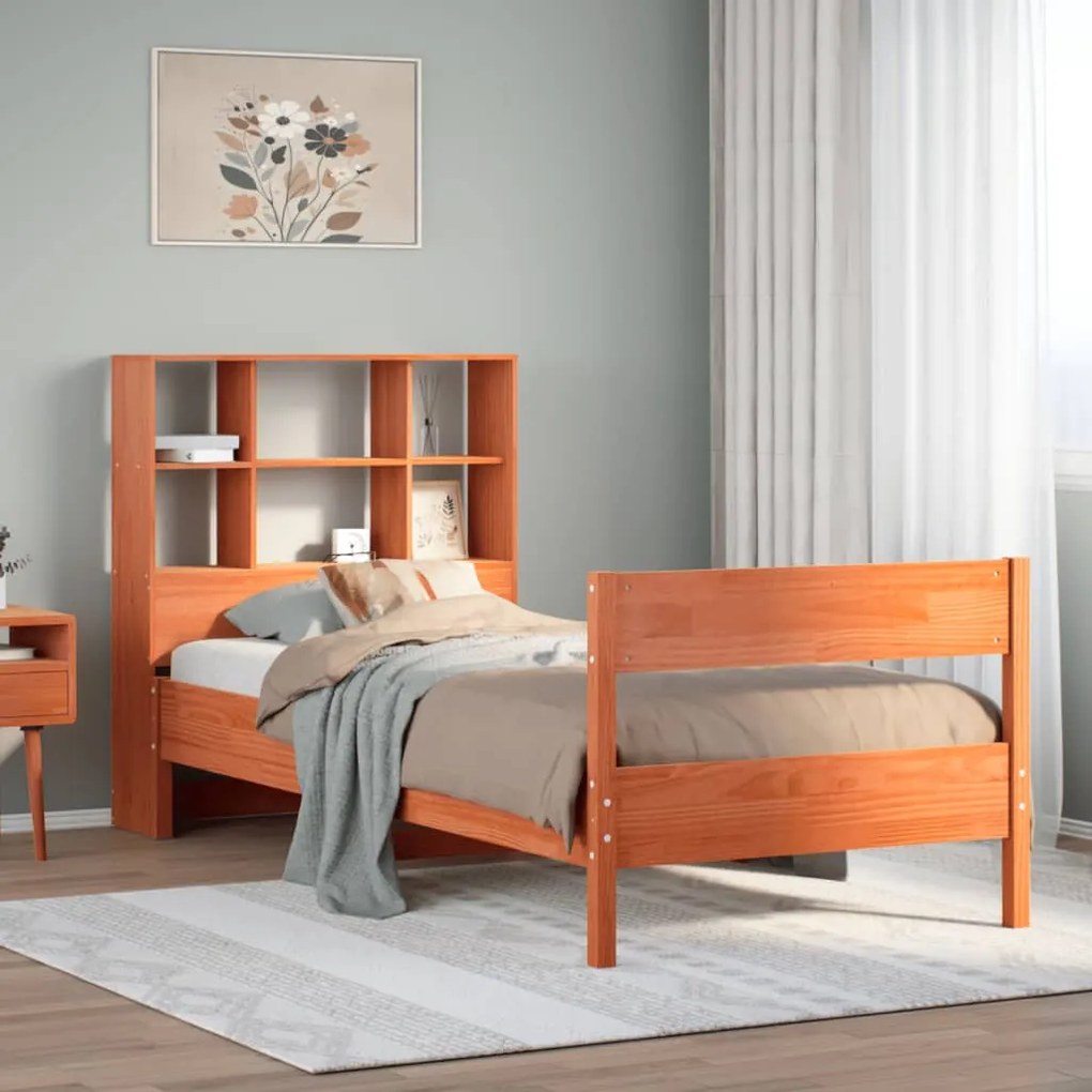 vidaXL Cama com estante sem colchão 90x190cm pinho maciço castanho-mel
