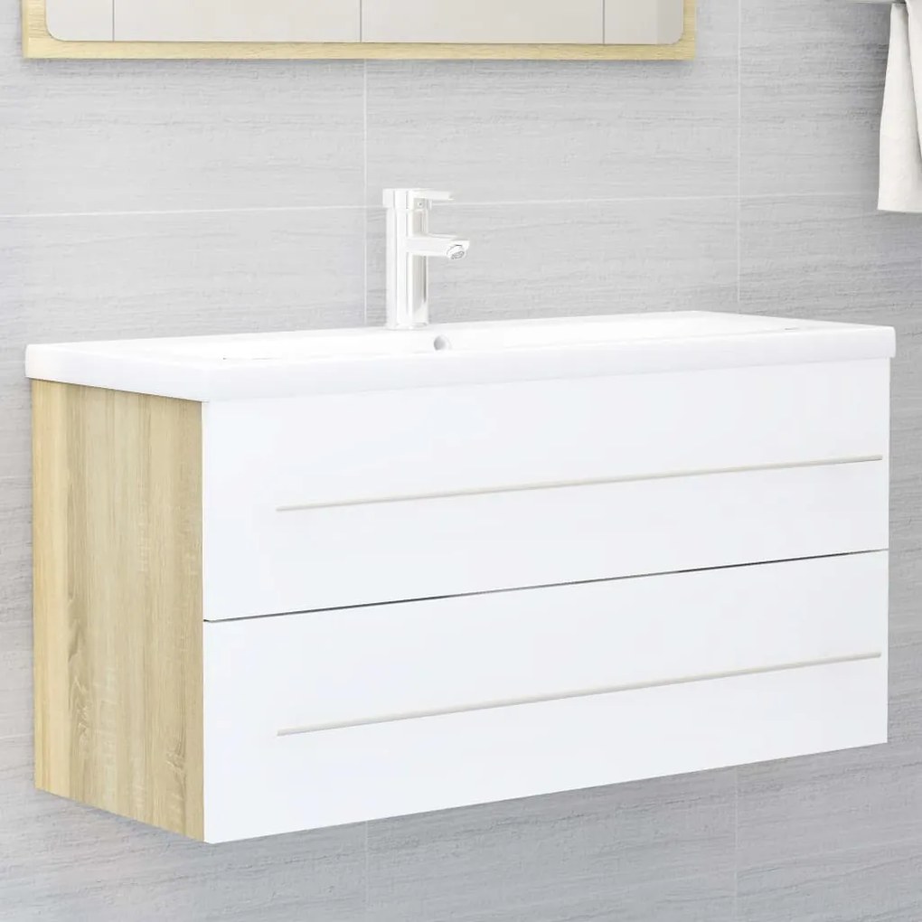 vidaXL Armário lavatório + lavatório embutido contrap. branco e sonoma