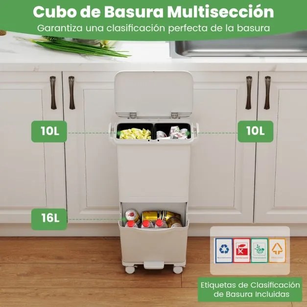 Caixote do lixo de 36 L com 2 cubos e autocolantes para classificação do lixo Contentor de resíduos com rodas universais Branco