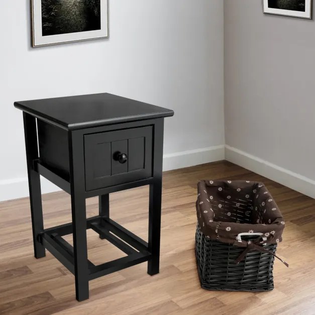Mesa de cabeceira de madeira com 1 gaveta e 1 mesa lateral com cesto de vime para quarto, sala de estar, estudo 31 x 28 x 45 cm preto