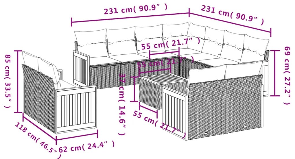 12 pcs conjunto de sofás de jardim c/ almofadões vime PE preto