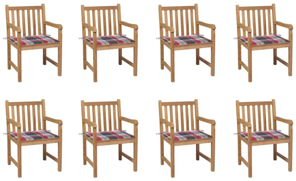 vidaXL Cadeiras de jardim almofadões xadrez vermelho 8 pcs teca maciça