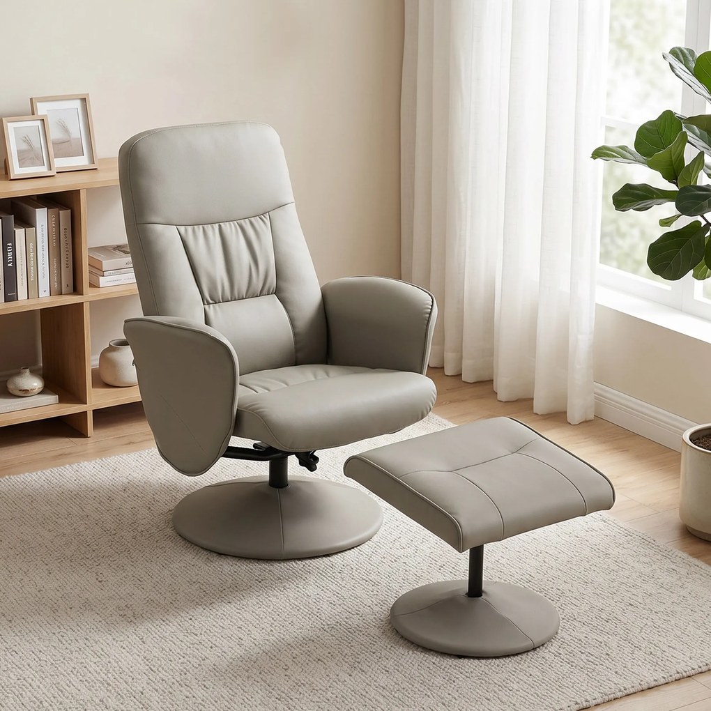 Poltrona Relax Reclinável com Otomana Encosto Alto Giratória 360° Apoios de Braços 76x81x101 cm Bege Cinzento
