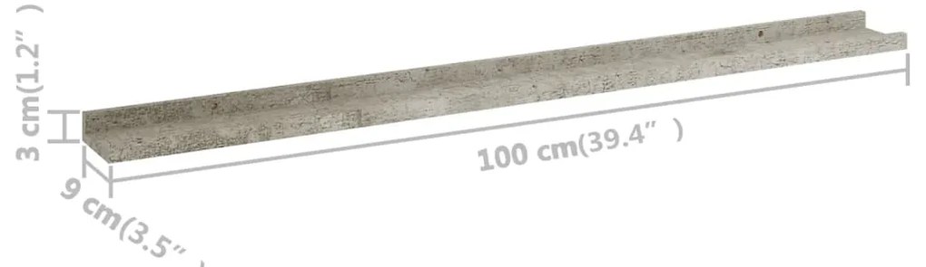 Prateleiras de parede 2 pcs 100x9x3 cm cinzento cimento