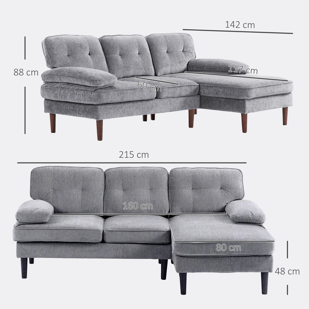 Sofá de Canto com Chaise Longue em Forma de L Estofado em Poliéster para Sala Capacidade 250 kg 215x142x88 cm Cinza