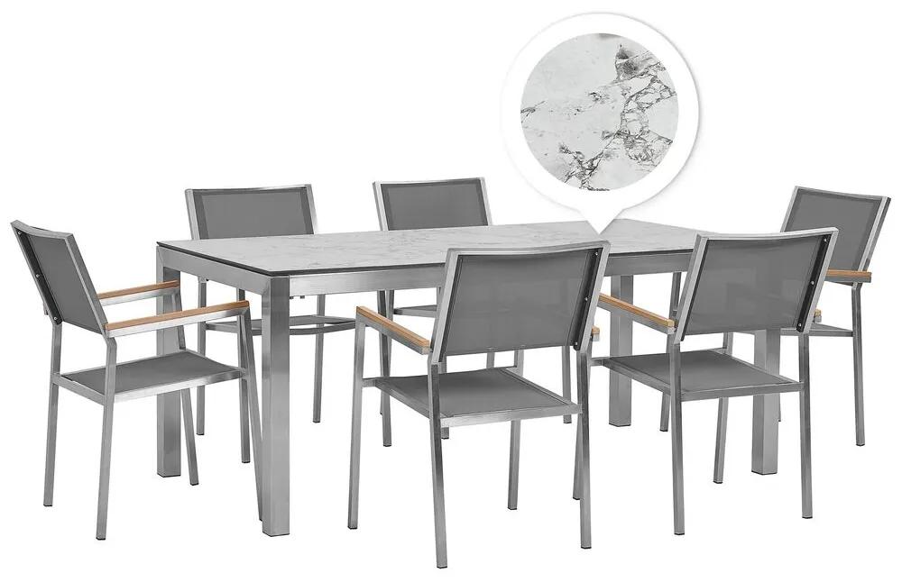 Conjunto de mesa com tampo efeito mármore 180 x 90 cm e 6 cadeiras em tecido cinzento GROSSETO Beliani