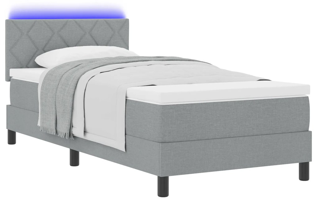 Cama Box Spring com Colchão e LED Cinza Claro 90x190 cm Tecido