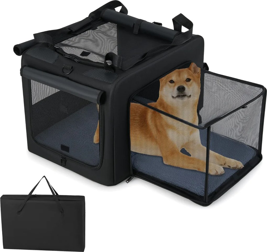 Saco de transporte dobrável e portátil Tamanho S - 80 x 65 x 42 cm para animais de estimação com 2 aberturas e janela Tapete macio Preto