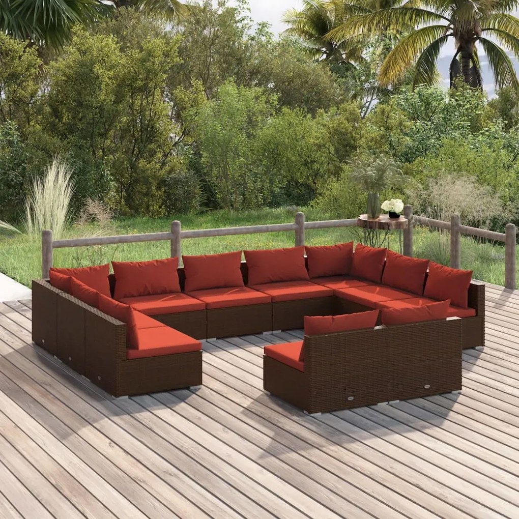 vidaXL 11 pcs conjunto lounge de jardim c/ almofadões vime PE castanho