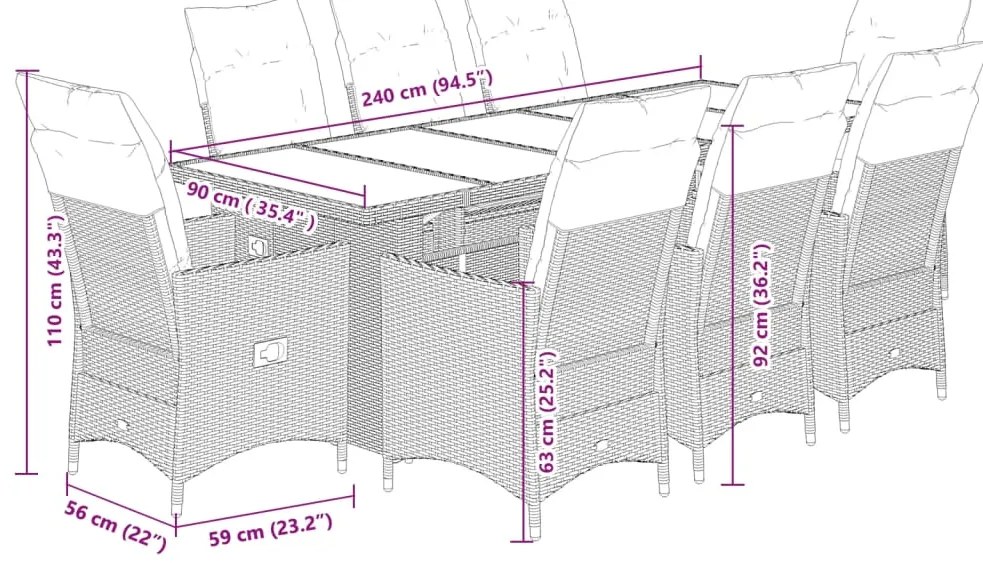 9 pcs conjunto bistrô de jardim c/ almofadões vime PE cinzento