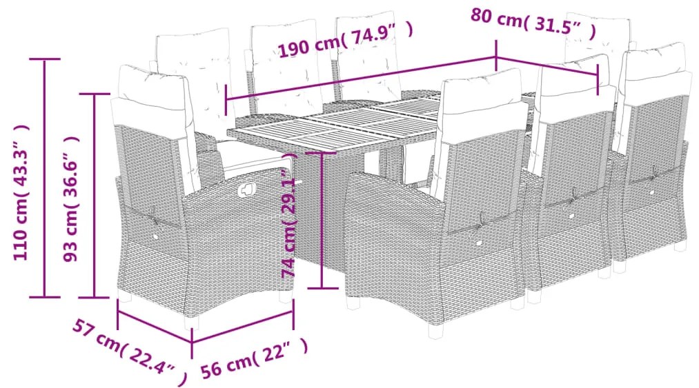 9 pcs conj. jantar jardim c/ almofadões vime PE bege misturado