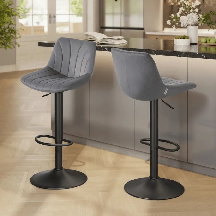 Conjunto 2 bancos bar com encosto e assento giratório 46,5 x 43 x (88-108) cm em veludo cinza ardósia