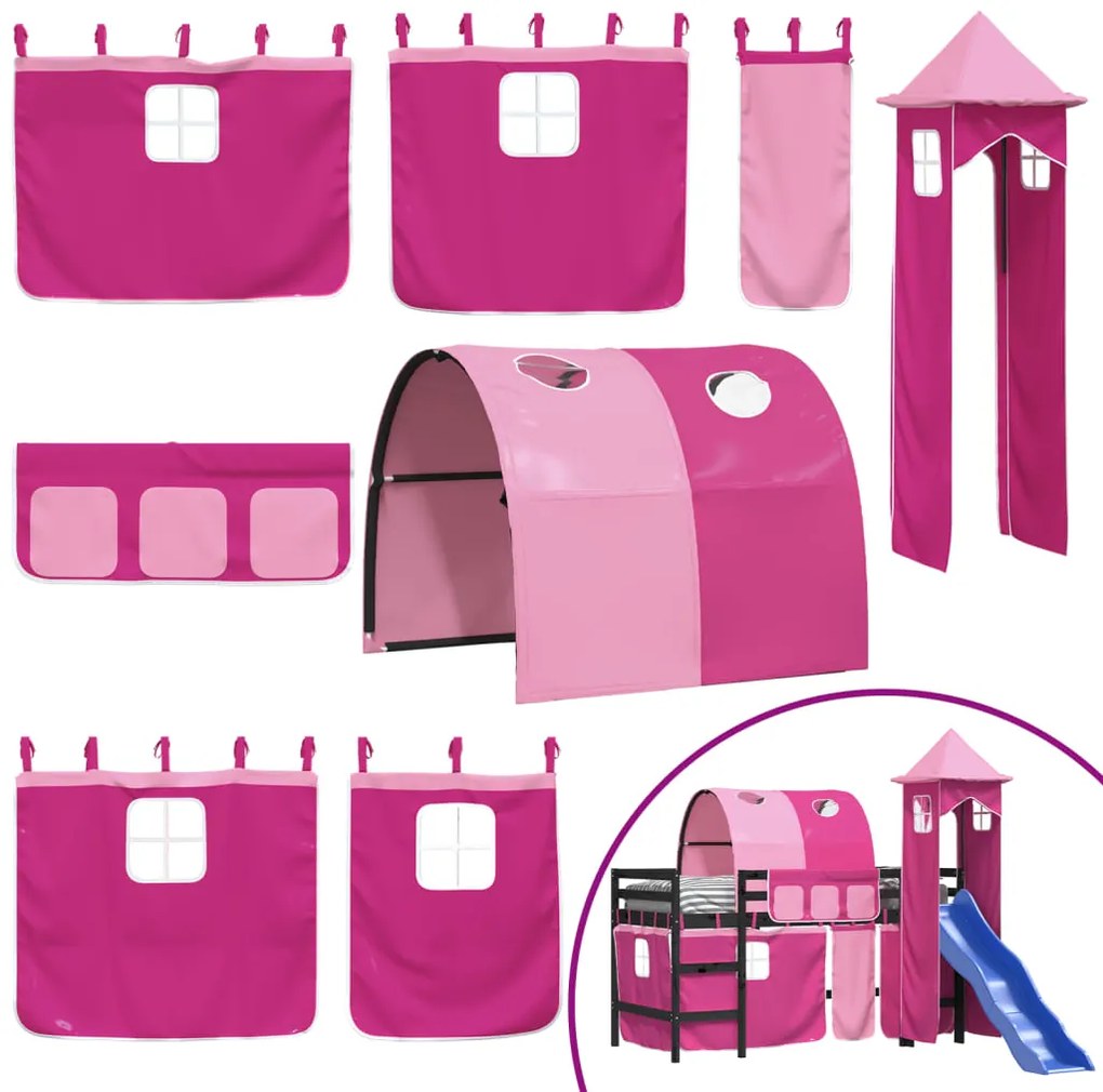 Cama alta para criança com torre 80x200 cm pinho maciço rosa