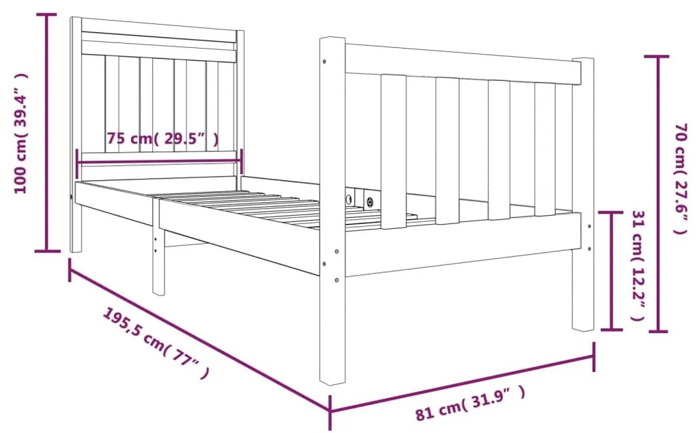 Estrutura cama pequena solteiro 75x190 cm madeira maciça branco