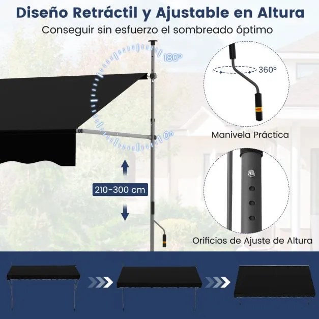 Toldo retrátil manual 4 m x 180 cm Sombra exterior ajustável sem perfuração com manivela para pátio, varanda, jardim Preto