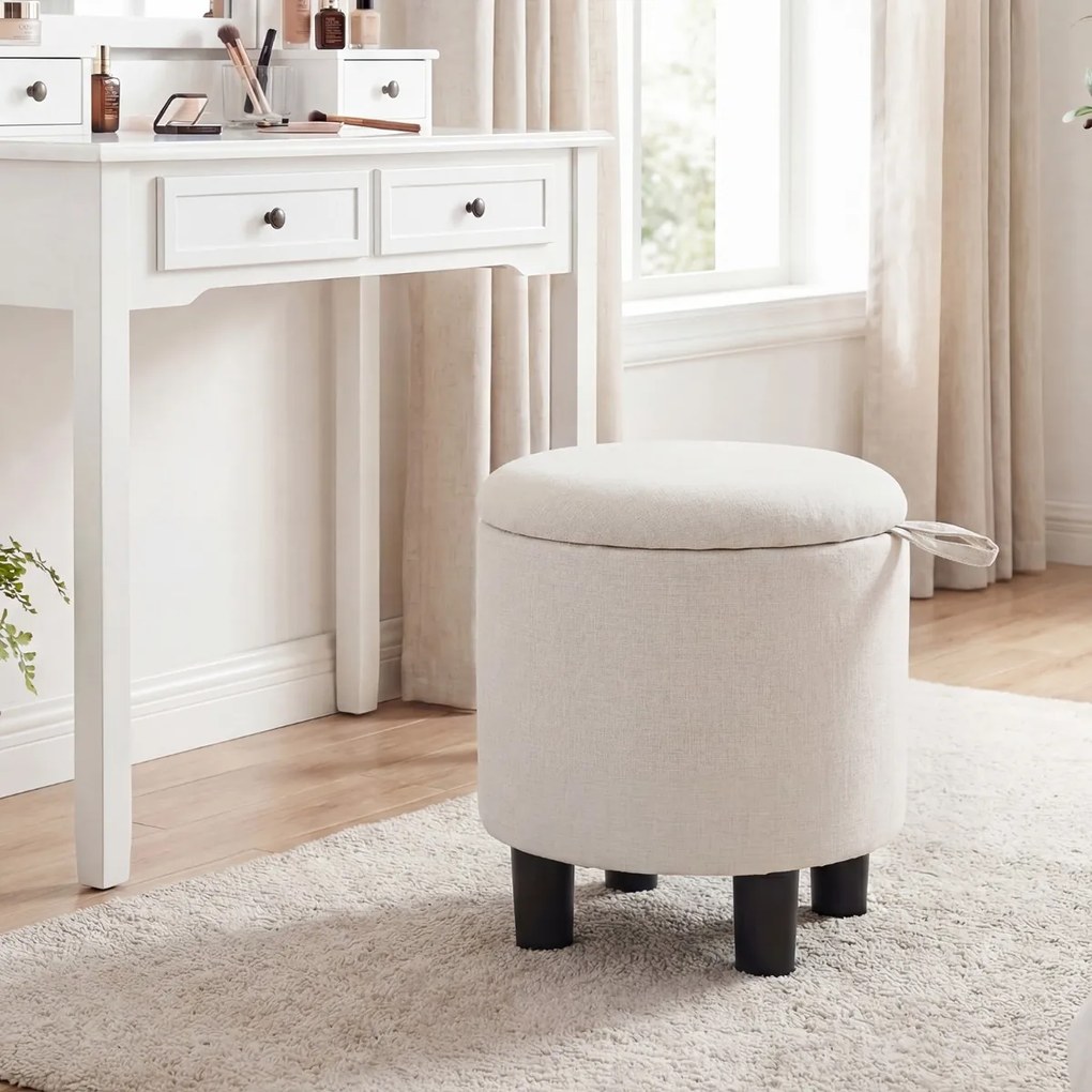 Pufe redondo com espaço de arrumação e tampa rebatível em linho 38 x 42 cm; apoio para os pés ou pufe para sala ou quarto; bege