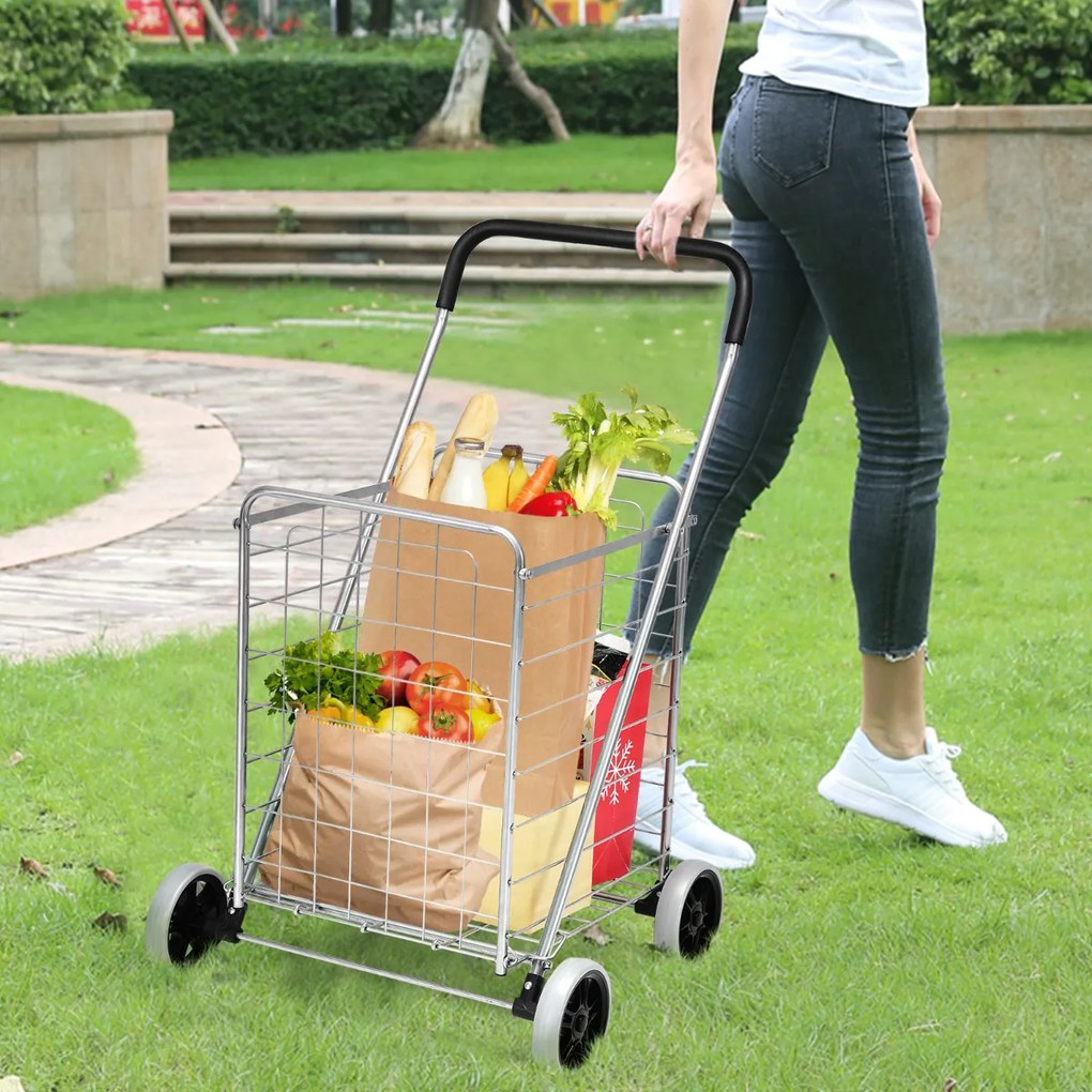 Carrinho de compras dobrável leve com rodas giratórias capacidade de 45kg portátil 57x58x91cm Prata