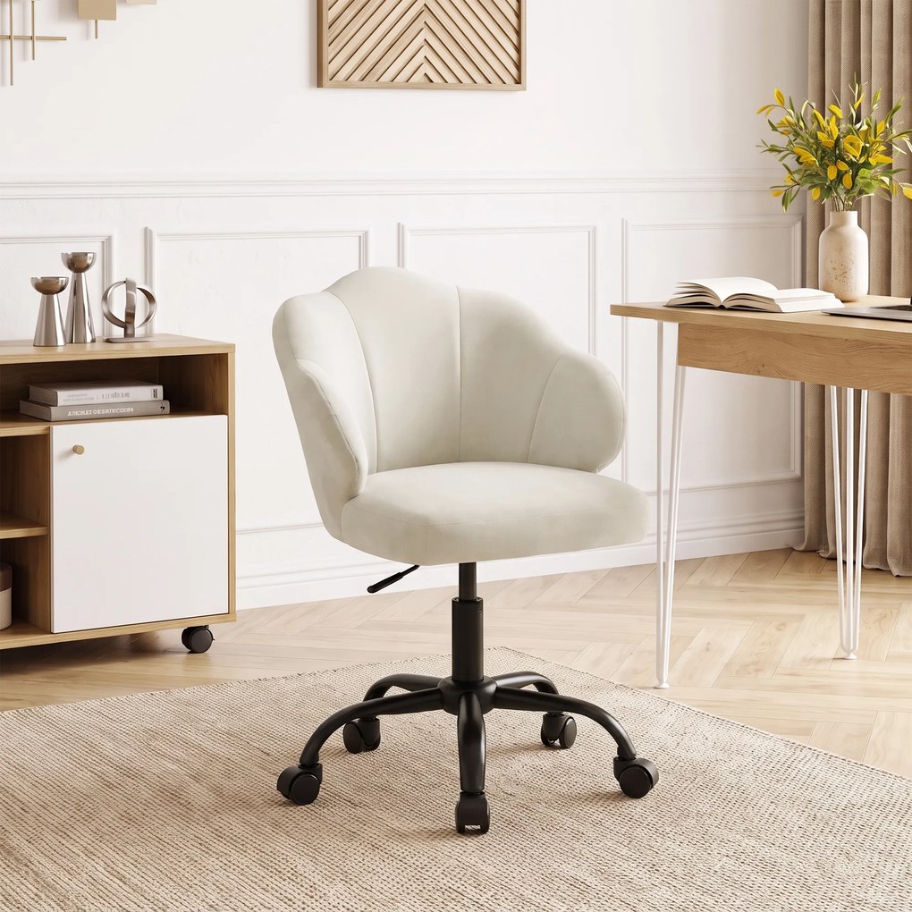 Cadeira de Escritório e Toucador com Encosto em Pétala, 59 x 56 x 87 cm, Altura Regulável, Creme