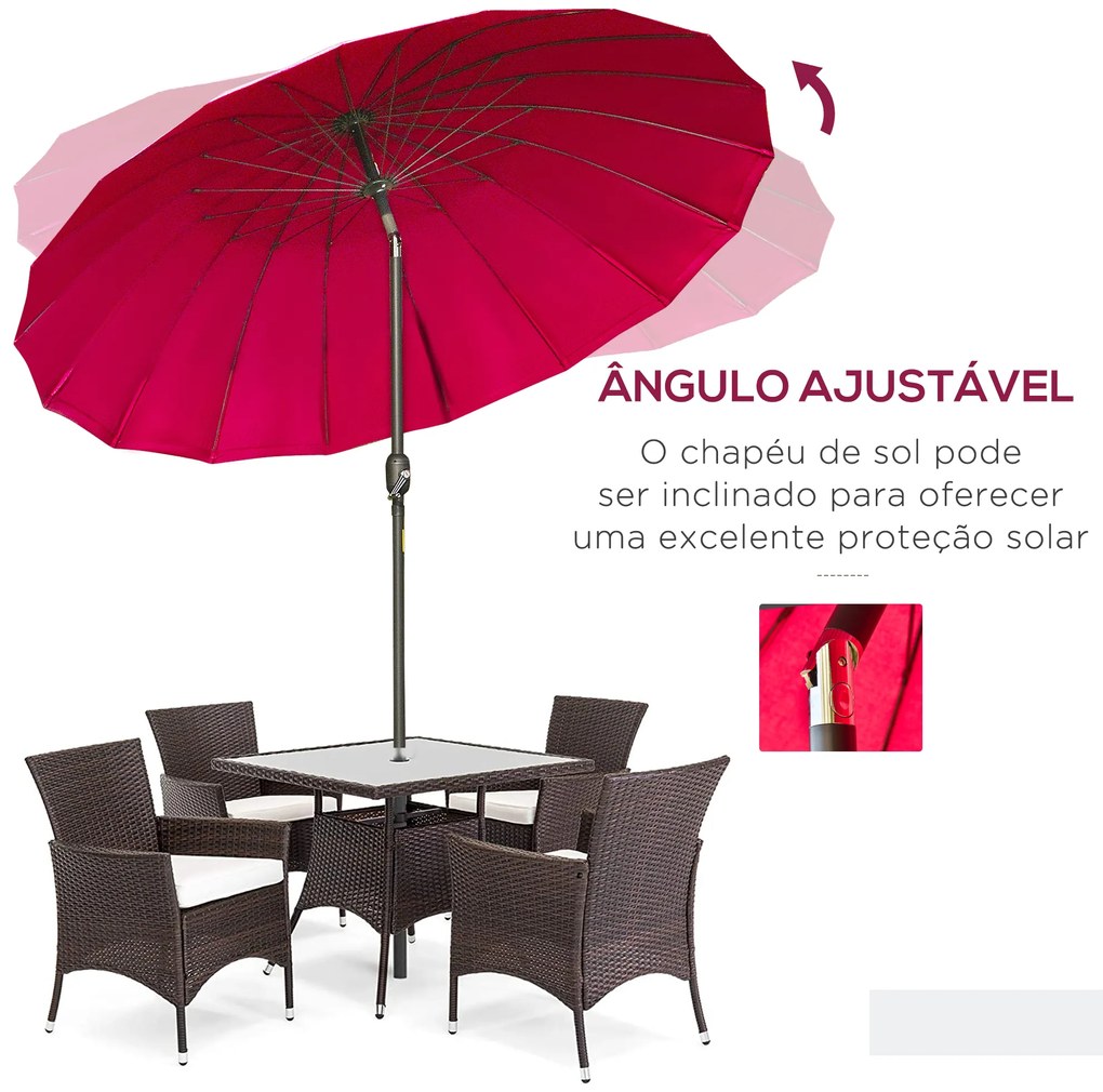 Chapéu de Sol de Jardim Ø2,5x2,4 m com Manivela Manual Mastro Flexível Impermeável e 18 Varas para Exterior Vinho