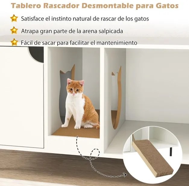 Caixa de areia para 2 gatos 100 cm com tábua de raspar amovível 100 x 52 x 55 cm Branca