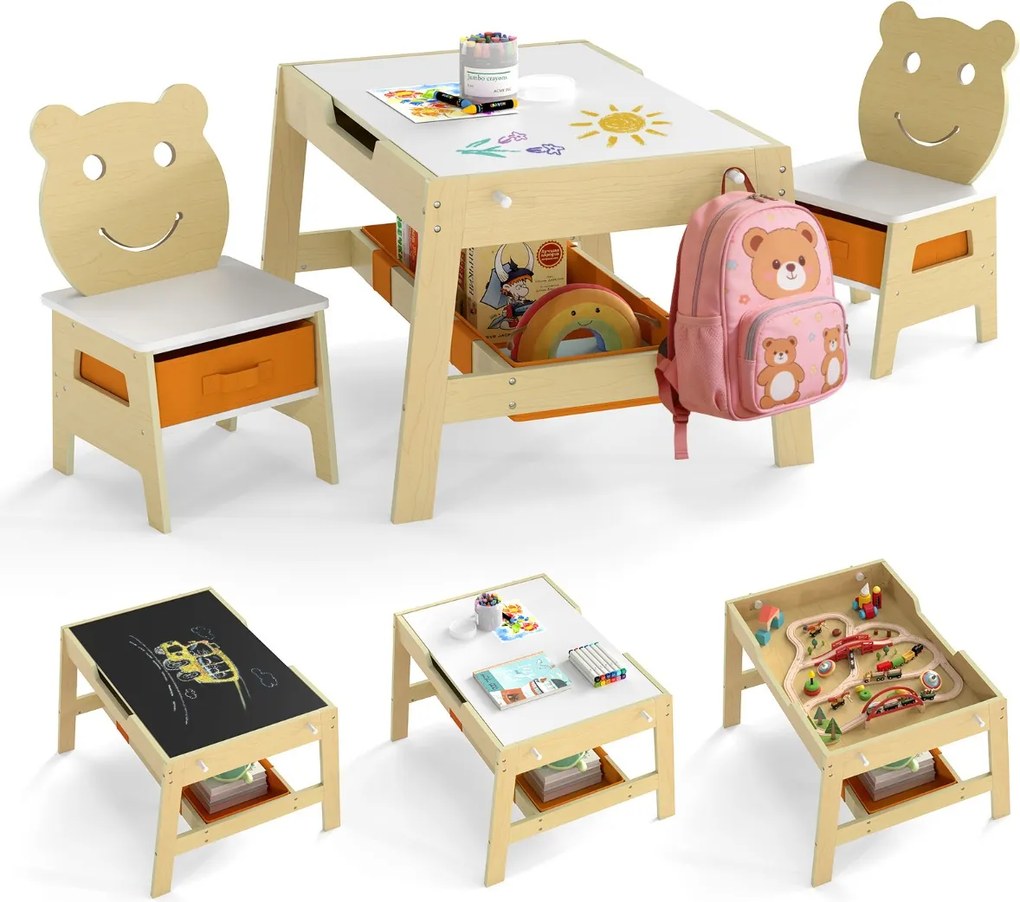 Conjunto de Mesa e 2 cadeiras infantil Secretária 5 em 1 com superfície reversível Quadro branco e preto 4 ganchos Compartimentos Natural