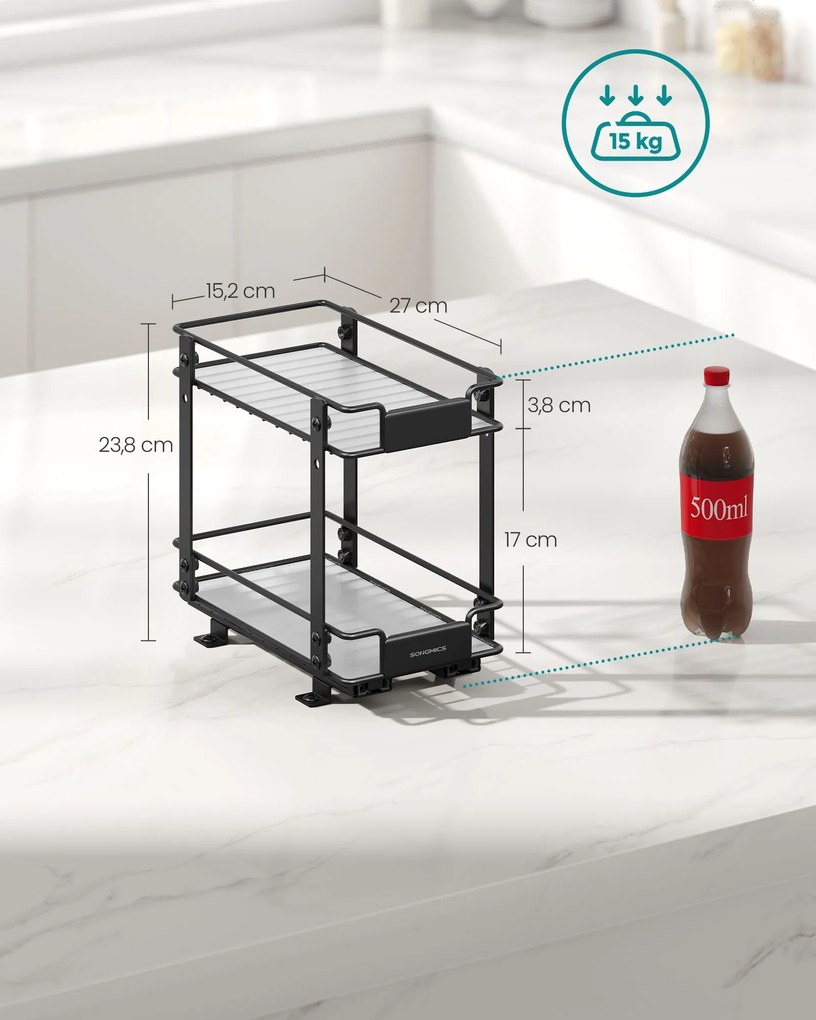 Prateleira extensível para especiarias cozinha em aço com 2 níveis Preto