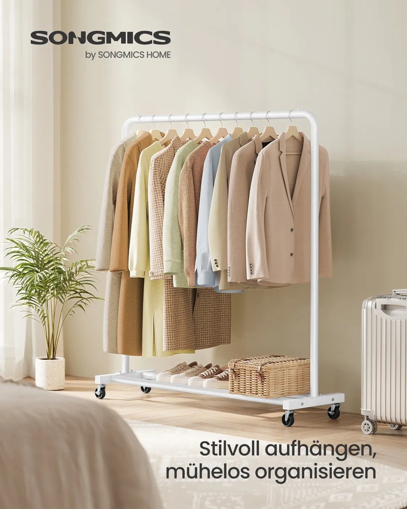 Guarda roupa cabideiro 38 x 110 x 141,5 cm com rodas para arrumação flexível, branco mate